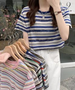 ｔシャツ・カットソー | Tシャツ レディース 40代 春夏 オシャレブラウス 韓国風 チュニック 半袖Tシャツ ストライプ柄 通勤通学 カジュアル アウター ゆったり 着痩せ お出かけ 丸首