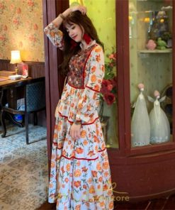 マキシ | ワンピース 七分袖 レディース 夏服  秋服 ロングワンピース マキシ丈 Vネック 民族風 エスニック風 体型カバー カジュアル お洒落 レトロ ハイウエスト