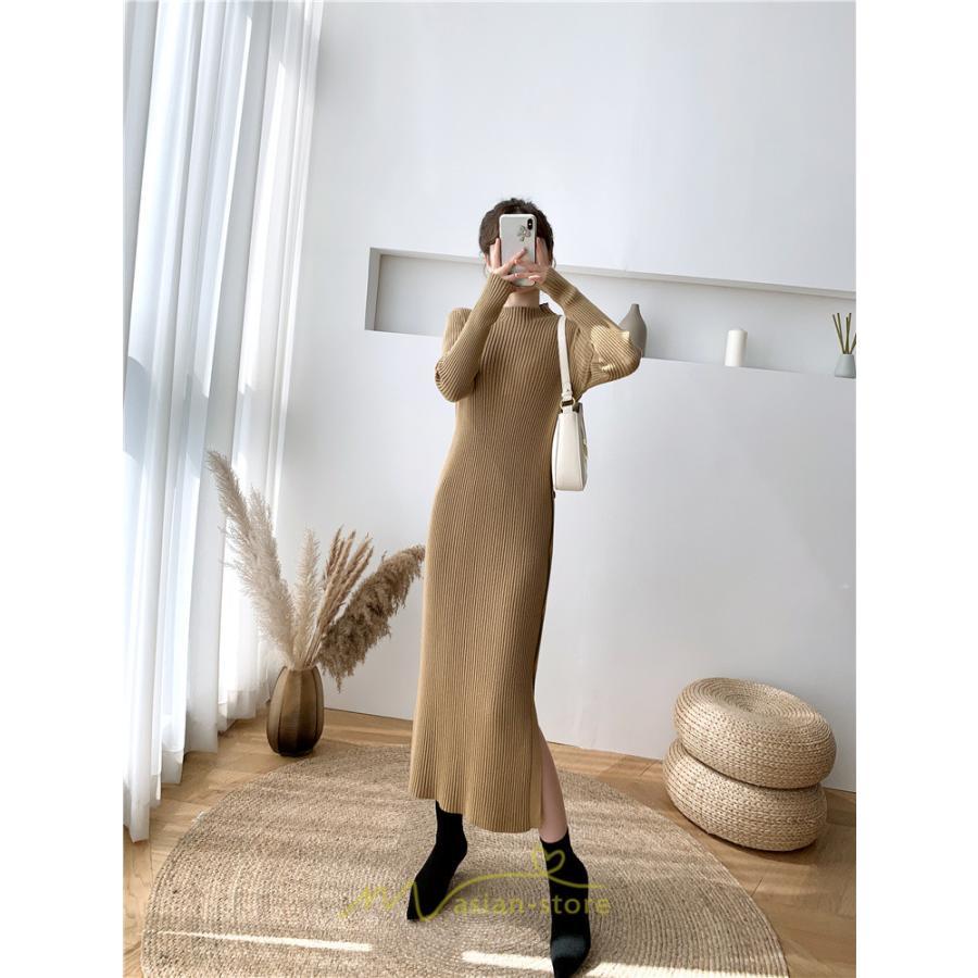 ニットワンピース | レディース 冬 きれいめ ロング おしゃれ 秋冬 長袖 ハイネック サイドスリット セクシー 同窓会 デート 大人フェミニン 女子会 韓国風
