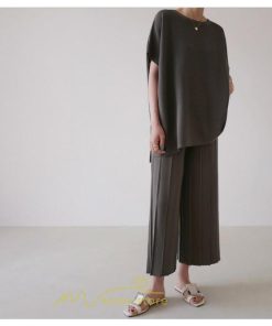 送料無料SALE | セットアップ ニット トップス パンツ ストレッチ 涼感 夏ニット 半袖 九分丈 ウエストゴム レディース 2点セット ゆったり Vネック 無地 30代40代 上品