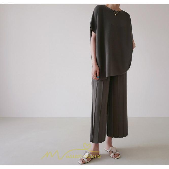 送料無料SALE | セットアップ ニット トップス パンツ ストレッチ 涼感 夏ニット 半袖 九分丈 ウエストゴム レディース 2点セット ゆったり Vネック 無地 30代40代 上品