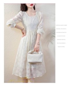 ミディアム | Aラインワンピース 秋コーデ レディース 長袖 膝丈ワンピース 腰リボン付き 刺繍 パフスリーブ 美ライン シルエット 大人 無地 オフィス お呼ばれ フォーマル