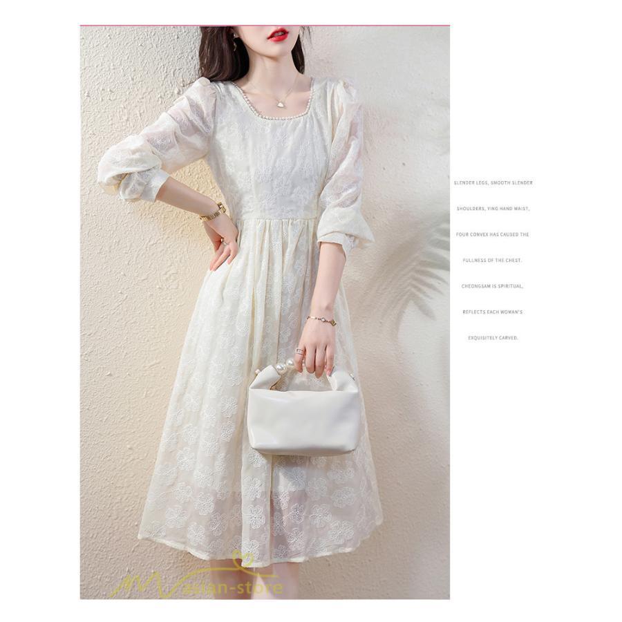 ミディアム | Aラインワンピース 秋コーデ レディース 長袖 膝丈ワンピース 腰リボン付き 刺繍 パフスリーブ 美ライン シルエット 大人 無地 オフィス お呼ばれ フォーマル