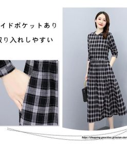 マキシ | チェックワンピース 秋ワンピース ロングワンピース 長袖ワンピース レディース ワンピース 秋物 ミモレ丈 スリム 大人 長袖 チェック柄 リボン付き 30代