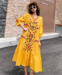 マキシ | ワンピ ワンピース ロング丈 七分袖 レディース 大人 おしゃれ きれいめ お出かけ 大人可愛い 白 青 赤 春夏秋 旅行 20代30代40代 民族風 オレンジ 海