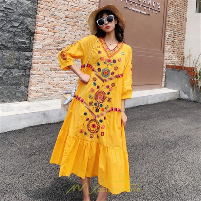 マキシ | ワンピ ワンピース ロング丈 七分袖 レディース 大人 おしゃれ きれいめ お出かけ 大人可愛い 白 青 赤 春夏秋 旅行 20代30代40代 民族風 オレンジ 海