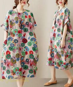 ミディアム | ミディアムワンピース レディース 膝丈 ゆるワンピース 花柄 きれいめ フリーサイズ ゆったり 半袖 麻 綿 リネン 女性着 きれいめ コットン クルーネック 着回し