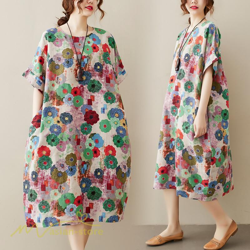 ミディアム | ミディアムワンピース レディース 膝丈 ゆるワンピース 花柄 きれいめ フリーサイズ ゆったり 半袖 麻 綿 リネン 女性着 きれいめ コットン クルーネック 着回し