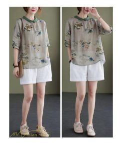 ｔシャツ・カットソー | Tシャツ Tシャツ プリント カジュアル 麻綿 リネン シャツ トップス サマーシャツ 襟付き カジュアル 大きいサイズ 夏コーデ 5分袖 麻綿 トレンド レディース