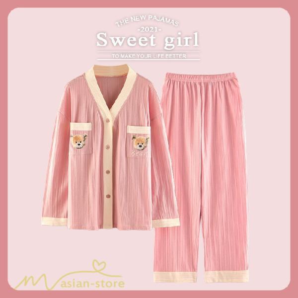 パジャマ ルームウェア | パジャマ ルームウェア レディース 春夏秋 長袖 綿ルームウェア 大きいサイズ 上下セット きれいめ 可愛い セットアップ 部屋着 トレンド 寝巻き 韓国風 女性着