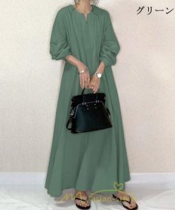 マキシ | 秋ワンピース 長袖ワンピース レディース 秋物 ワンピース 綿麻風 パフスリーブ ボリューム袖 無地 大きめ Vネック フレアワンピース ロングワンピース