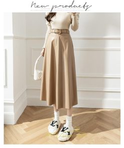 スカート | レザーフレアロング レディース ベルト付き ボトムス ロングAライン ミモレ丈 かっこいい 着痩せ キレイめ スリット