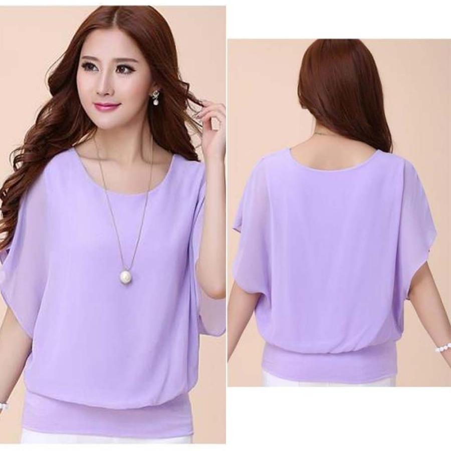 シャツ・ブラウス | レディース シフォンブラウス 半袖 無地 ラウンドネック ドルマンスリーブ トップス
