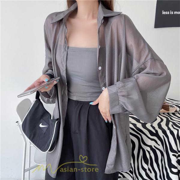カーディガン | UVカット 接触冷感 シャツ レディース サマーシフォン 透け感 冷房対策 涼感 ひんやり 薄手 シンプル トップス 長袖 体型カバー