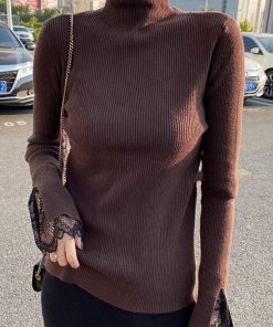 ニット・セーター | フェミニン 秋 スリムフィット 長袖 リブニットトップス レディース 袖レース 冬 細見 ニットセーター ハイネック ニットソー