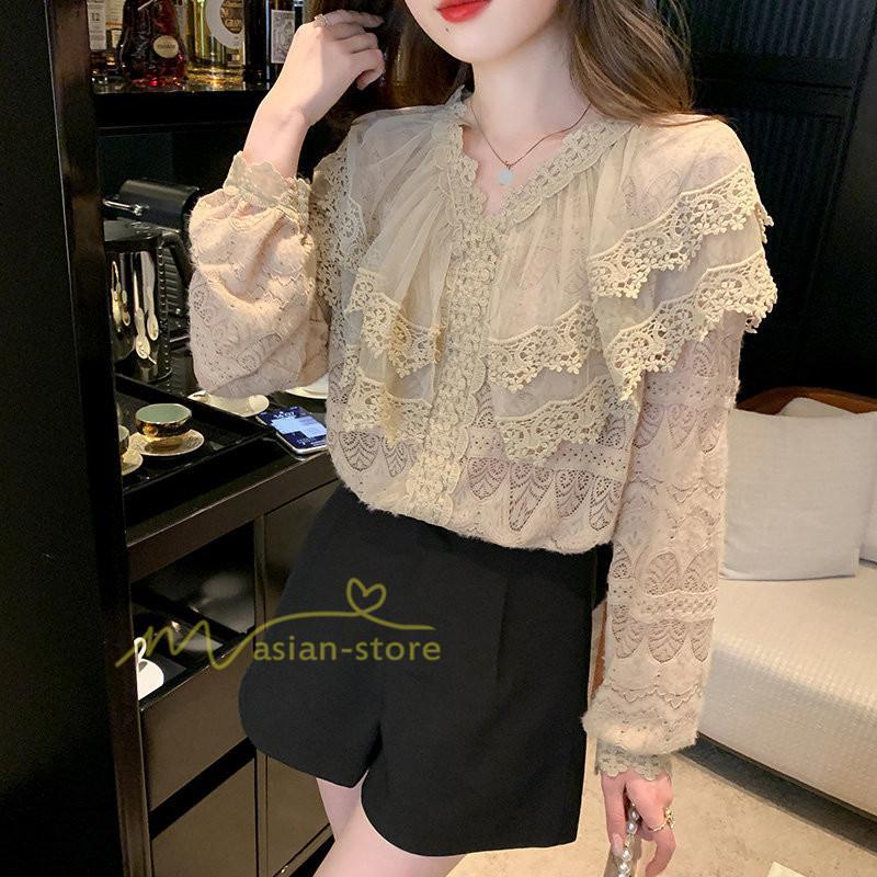 シャツ・ブラウス | ブラウス レディース きれいめ 40代 春秋新作 オシャレブラウス 無地シャツ 長袖トップス レースvネックブラウス 大人 50代 シャツ30代 ゆったり 通勤 夏物