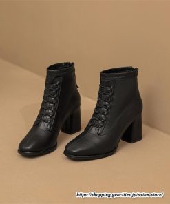 ショートブーツ | レディース 春秋ブーツ スクエアトゥ ブーツ チャンキーヒール 太ヒール 後ろファスナー 靴 シューズ 通学通勤 ミドルヒール 黒ブーツ 大人