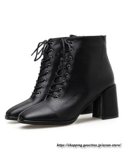 ショートブーツ | レディース 裏起毛なし 裏起毛あり スクエアトゥ ブーツ チャンキーヒール 太ヒール シューズ ハイヒール レースアップ 後ろファスナー 靴