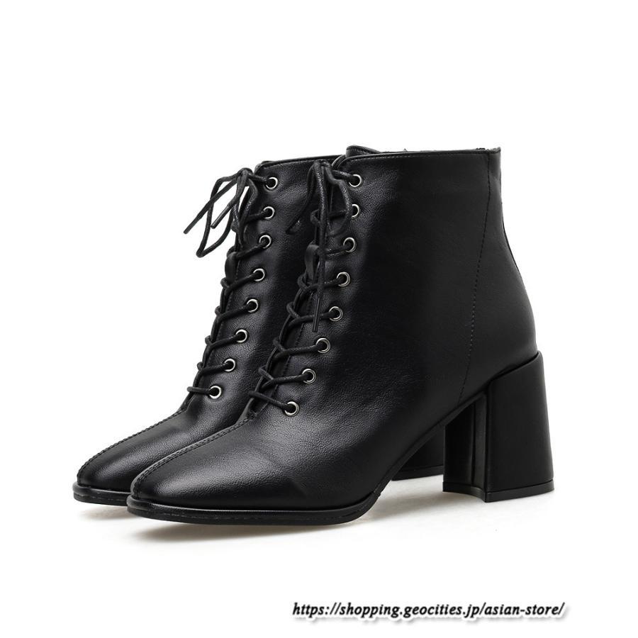 ショートブーツ | レディース 裏起毛なし 裏起毛あり スクエアトゥ ブーツ チャンキーヒール 太ヒール シューズ ハイヒール レースアップ 後ろファスナー 靴
