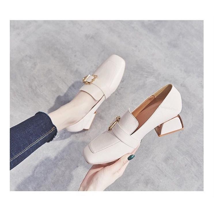 パンプス | スクエアトゥ チャンキーヒール ミドルヒール スリッポン レディース スリップオン シューズ 太ヒール ローファー 黒 22.5cm-25cm ブラック 30代