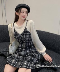 ミニ丈 | チェック柄ワンピース 膝上丈 長袖 切り替え フェイクレイヤード Aラインワンピース スリム 通学通勤 可愛い ミニワンピース ワンピ 低身長 ワンピース 秋物