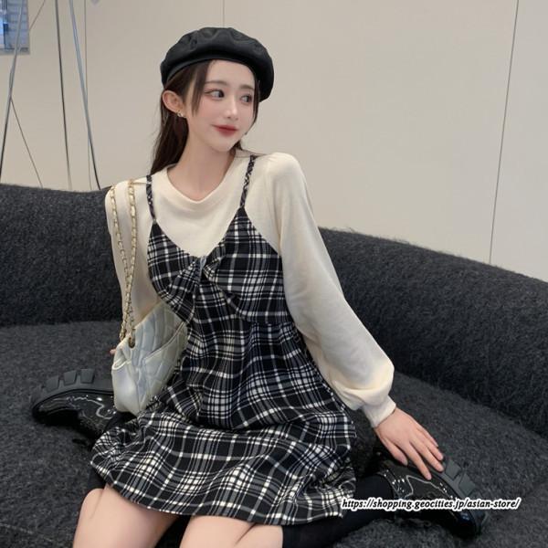 ミニ丈 | チェック柄ワンピース 膝上丈 長袖 切り替え フェイクレイヤード Aラインワンピース スリム 通学通勤 可愛い ミニワンピース ワンピ 低身長 ワンピース 秋物