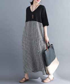 在庫ある | 短納期ロングリネンAラインワンピース ゆったりチェックワンピース 切り替えドッキングワンピ レディース 薄手 春夏衣装 通学通勤 オフィス カジュアル 海