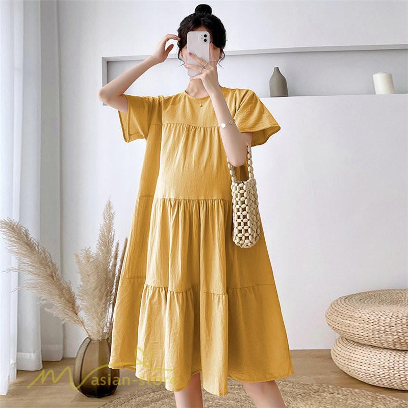ワンピース | マタニティレディース 着痩せ 無地 ゆる上品 半袖 大きいサイズ 韓国風 Aライン マタニティウェア サマー妊婦服