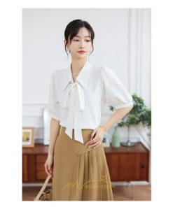 シャツ・ブラウス | シフォンブラウス 半袖 レディース シフォン ブラウス 白 青 フォーマル 開襟 服 バブルスリーブ 蝶結び 着痩せ 春 韓国風 通勤 おしゃれ 女性 上品 夏