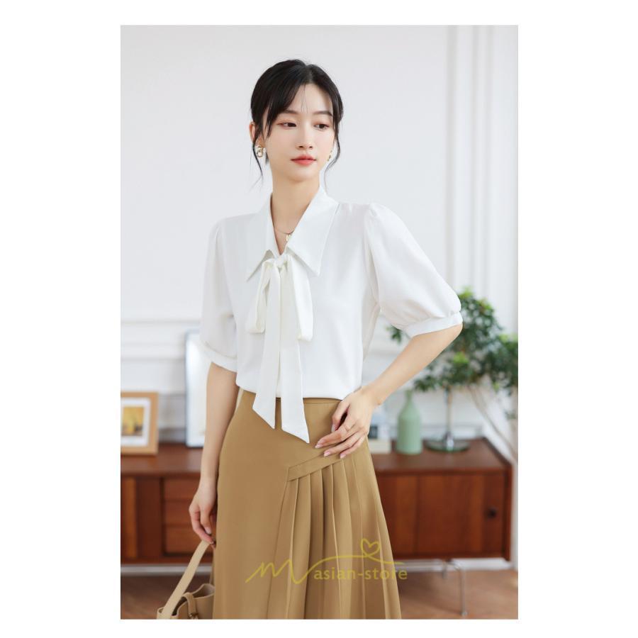 シャツ・ブラウス | シフォンブラウス 半袖 レディース シフォン ブラウス 白 青 フォーマル 開襟 服 バブルスリーブ 蝶結び 着痩せ 春 韓国風 通勤 おしゃれ 女性 上品 夏
