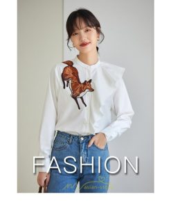 シャツ・ブラウス | ブラウス レディース オフィス 白 長袖 ビジネス カジュアル シャツ 刺繍 アニマル柄 動物柄 狐 個性的 冬 2022新作 秋 可愛い 上品 フェミニン