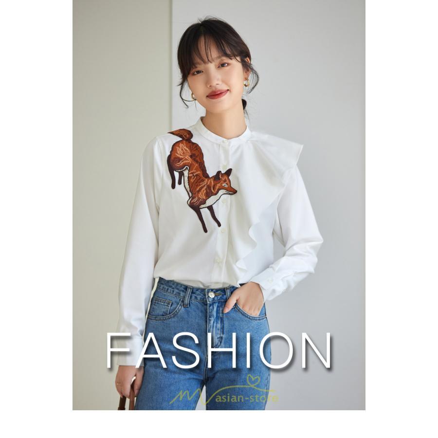シャツ・ブラウス | ブラウス レディース オフィス 白 長袖 ビジネス カジュアル シャツ 刺繍 アニマル柄 動物柄 狐 個性的 冬 2022新作 秋 可愛い 上品 フェミニン