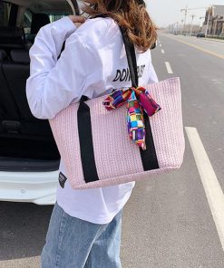 ハンドバッグ | 草編みバッグ リボン スカーフ付き かごバッグ 手提げバッグ レディース ストローバッグ 大容量 トートバッグ ハンドバッグ