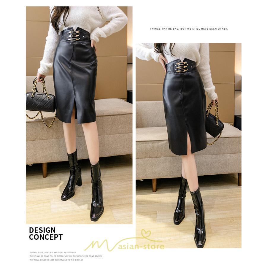 スカート | タイトタイト ロングレディース ロング丈 ひざ下 ハイウエスト レザースリット オシャレ 着痩せ かっこいい 高見え キレイめ
