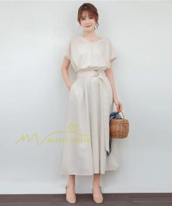 送料無料SALE | ロングワンピース 夏ワンピース 半袖 無地 フレアワンピース Vネック ベルト付き ゴム 女っぽい お呼ばれワンピース 大人 30代40代 ワンピ パーティー