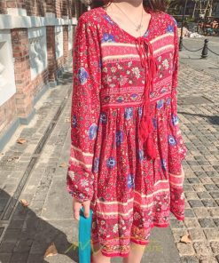 ミニ丈 | ワンピース レディース 春 夏 長袖 膝上 ショート 民族風 花柄 エスニック ボヘミアン 高品質 海外旅行 海デート 着痩せ Vネック レトロ リゾート カジュアル