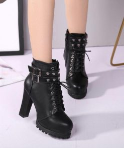 ショートブーツ | ブーツ 厚底シューズ ラウンドトゥ チャンキーヒール レースアップ サイドファスナー ハイヒール 厚底ブーツ レディース 黒ブーツ 25cm