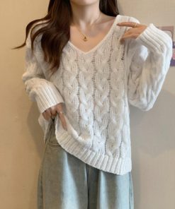 ニット・セーター | ケーブル編みニットトップス Vネック春秋