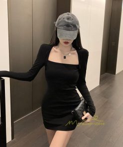 ミニ丈 | ニットワンピース ショート丈 レディース セクシー 長袖タイトワンピ 着やせ おしゃれ パーティードレス ファッション ミニワンピ スクエアネック ストレッチ