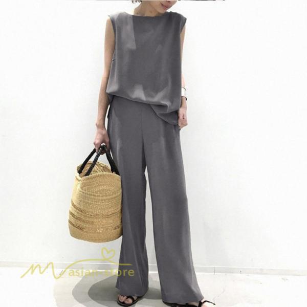 セットアップ | ワイドパンツ タンクトップ レディース 落ち感 大人 ルームウェア 30代40代 お出かけ 2点セット 夏物 可愛い 上下セット カジュアル 秋服