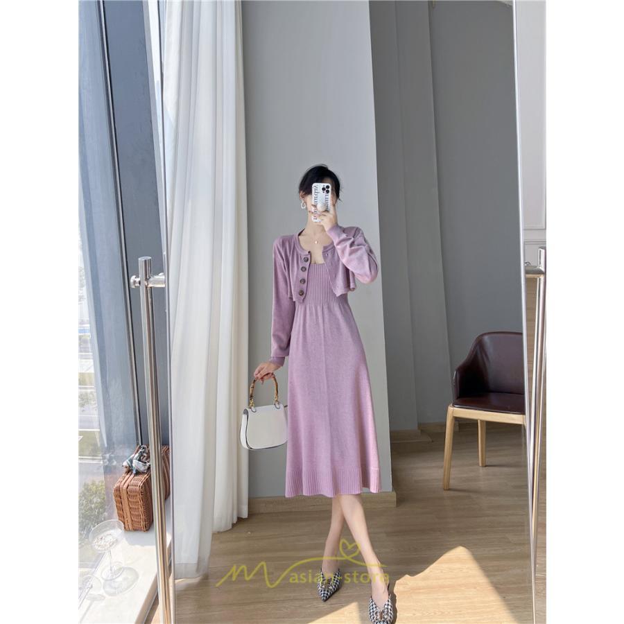 ニットワンピース | セットアップ レディース 秋冬 きれいめ ロング丈無地 20代30代40代50代 長袖 可愛い お出かけ 大人 通勤 韓国風 着痩せ