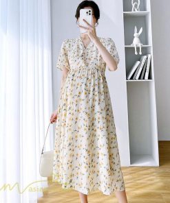 ワンピース | マタニティレディース 着痩せ 小花柄 Vネック マタニティ Aライン 夏新作 ひざ丈 韓国風 半袖 カジュアル 妊婦服 マタニティウェア