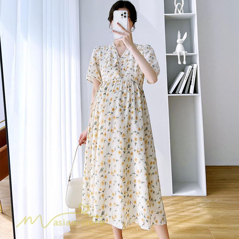ワンピース | マタニティレディース 着痩せ 小花柄 Vネック マタニティ Aライン 夏新作 ひざ丈 韓国風 半袖 カジュアル 妊婦服 マタニティウェア