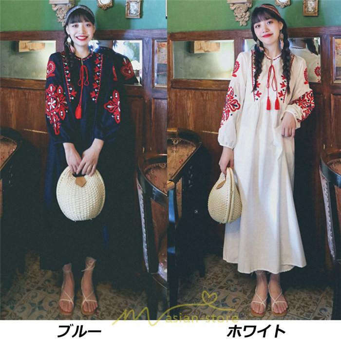 マキシ | 花柄ワンピース 丸首 リゾート ワンピース レディース 長袖 夏秋 ロング丈 マキシ丈 大人 上品 刺繍 綿麻 二次会 女子会 旅行 お出かけ コットン バカンス