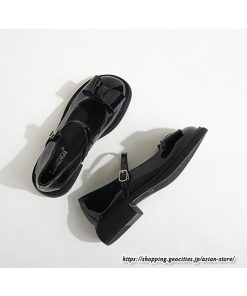 パンプス | ラウンドトゥ ストラップ 厚底 レディースシューズ 太ヒール ぺたんこ ベーシック 黒白蝶 無地 靴 26.5cm 上品 大きいサイズ 大人