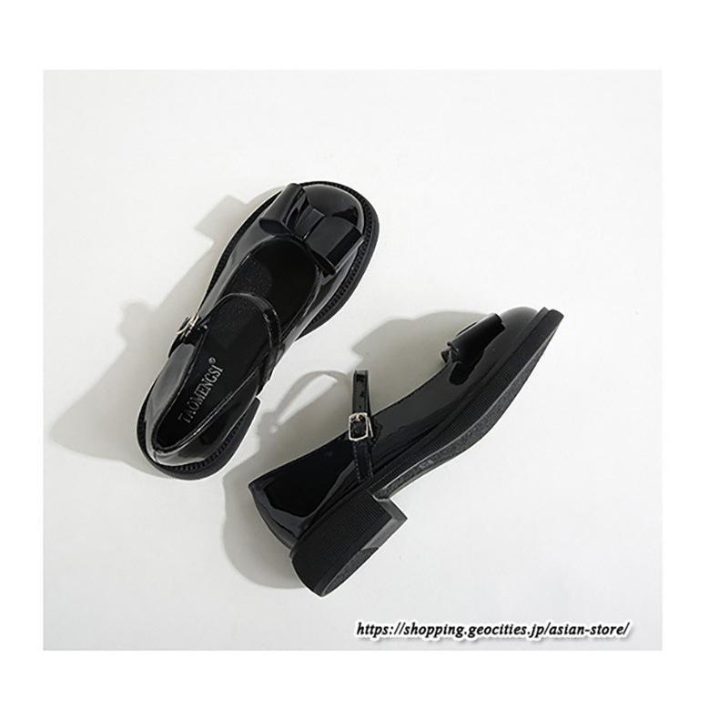 パンプス | ラウンドトゥ ストラップ 厚底 レディースシューズ 太ヒール ぺたんこ ベーシック 黒白蝶 無地 靴 26.5cm 上品 大きいサイズ 大人