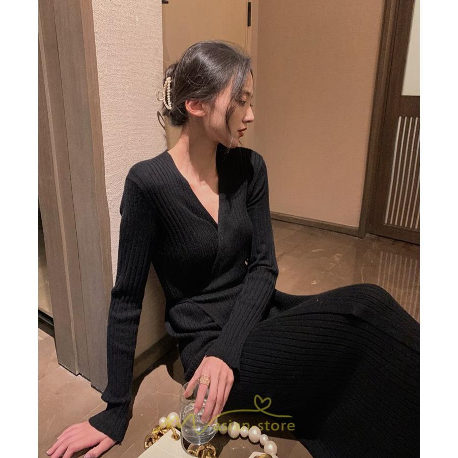 ニットワンピース | ワンピース 春 春服 レディース 長袖 ゆったり 秋 冬 vネック 着痩せ スリット 旅行 女子会 デート 20代30代40代50代 お出かけ