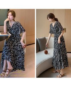 マキシ | ワンピース レディース マキシワンピース 小花柄 Vネック 半袖 5分袖 サマーワンピース シフォン Aラインワンピース 春 エレガント 夏 ウエストゴム ロング丈