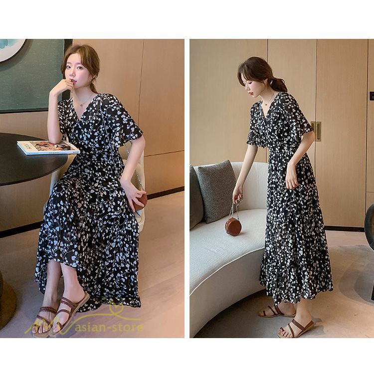 マキシ | ワンピース レディース マキシワンピース 小花柄 Vネック 半袖 5分袖 サマーワンピース シフォン Aラインワンピース 春 エレガント 夏 ウエストゴム ロング丈
