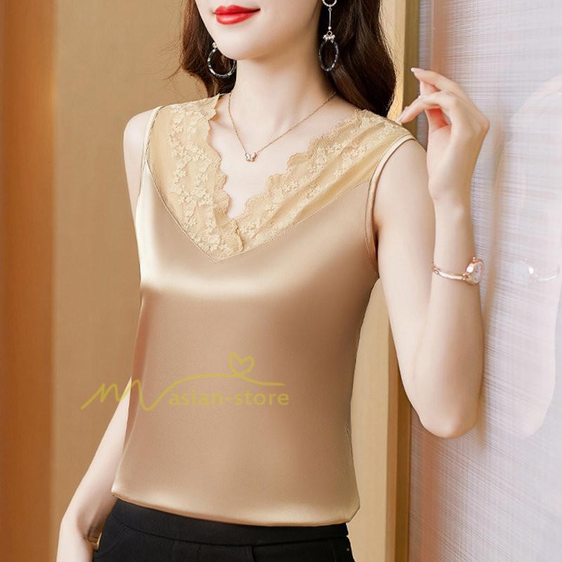 キャミソール タンクトップ | トップス タンクトップ レディース ノースリーブ Vネック Vネックタンク 20代30代40代50代 ママ 母 インナー カジュアル お出かけ カシュクール レース付き